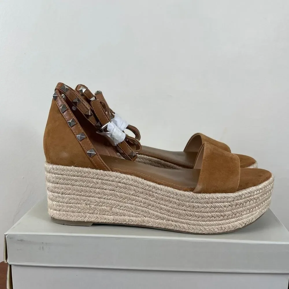 Marc Fisher Jazlyn Studded Espadrille Wedge Sandal Brown Suede Women's Size 8.5